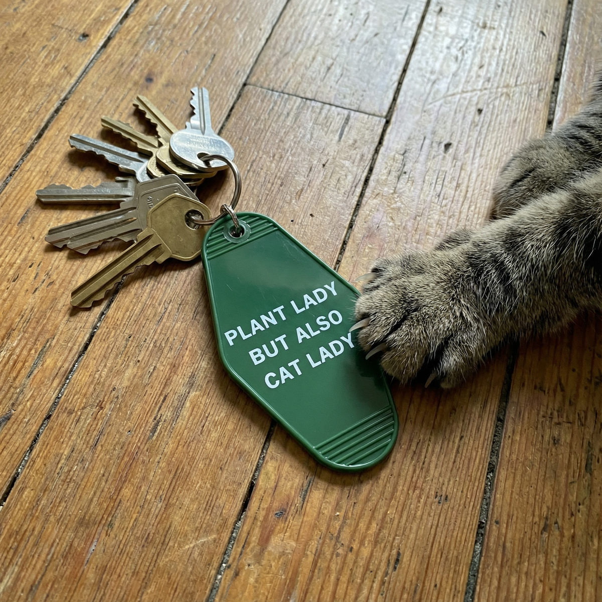 Plant Lady But Also Cat Lady Motel Style Keychain | Green