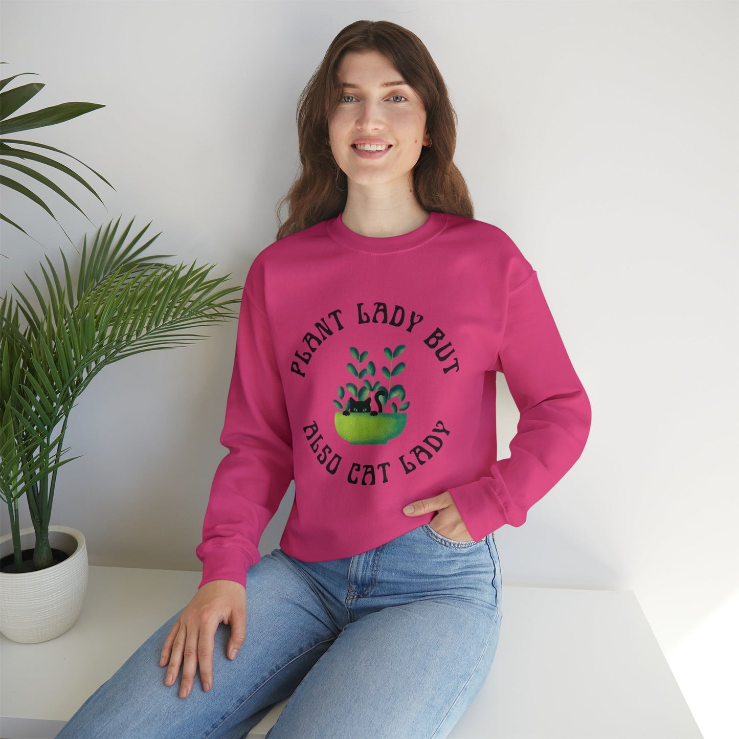 Plant Lady But Also Cat Lady Unisex Heavy Blend™ Crewneck Sweatshirt Sizes SM-5XL | Plus Size Available