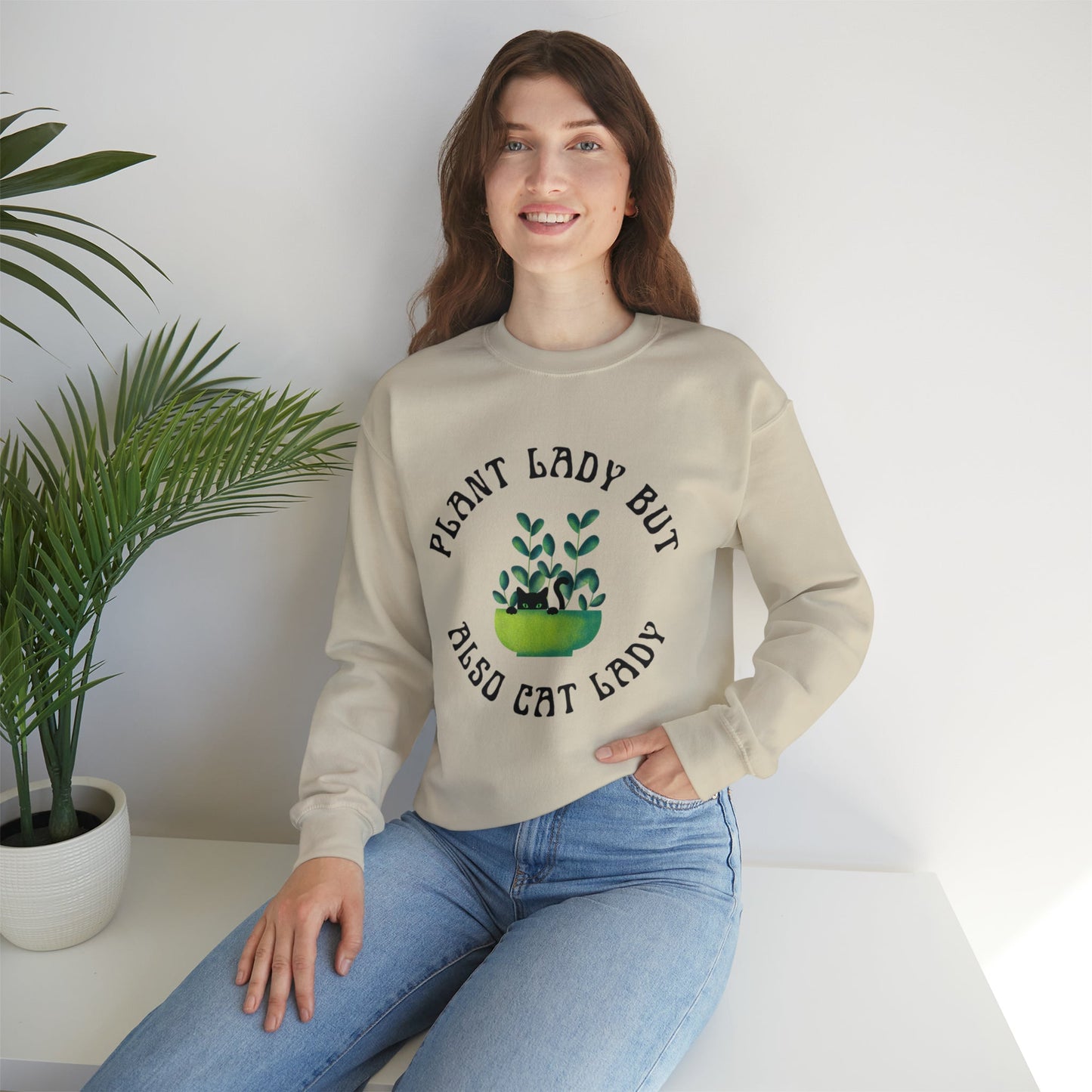 Plant Lady But Also Cat Lady Unisex Heavy Blend™ Crewneck Sweatshirt Sizes SM-5XL | Plus Size Available