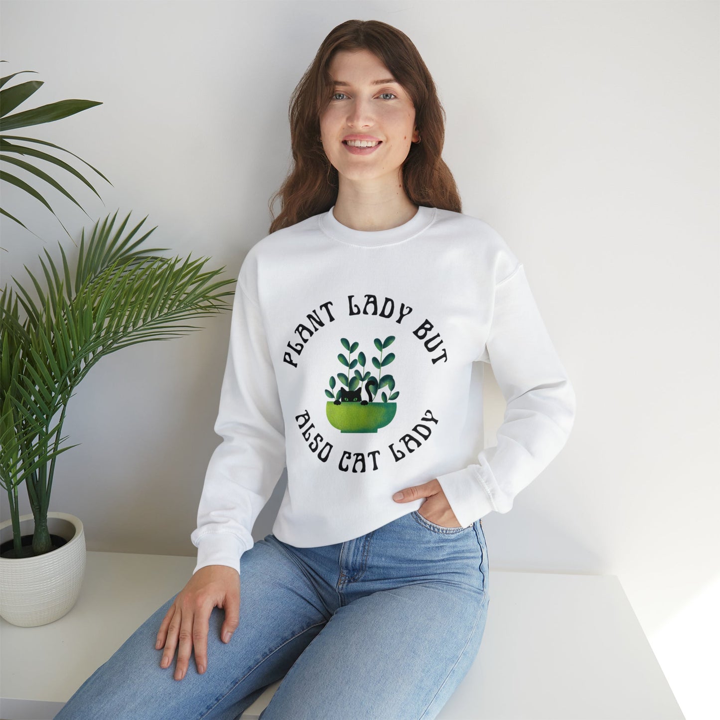 Plant Lady But Also Cat Lady Unisex Heavy Blend™ Crewneck Sweatshirt Sizes SM-5XL | Plus Size Available