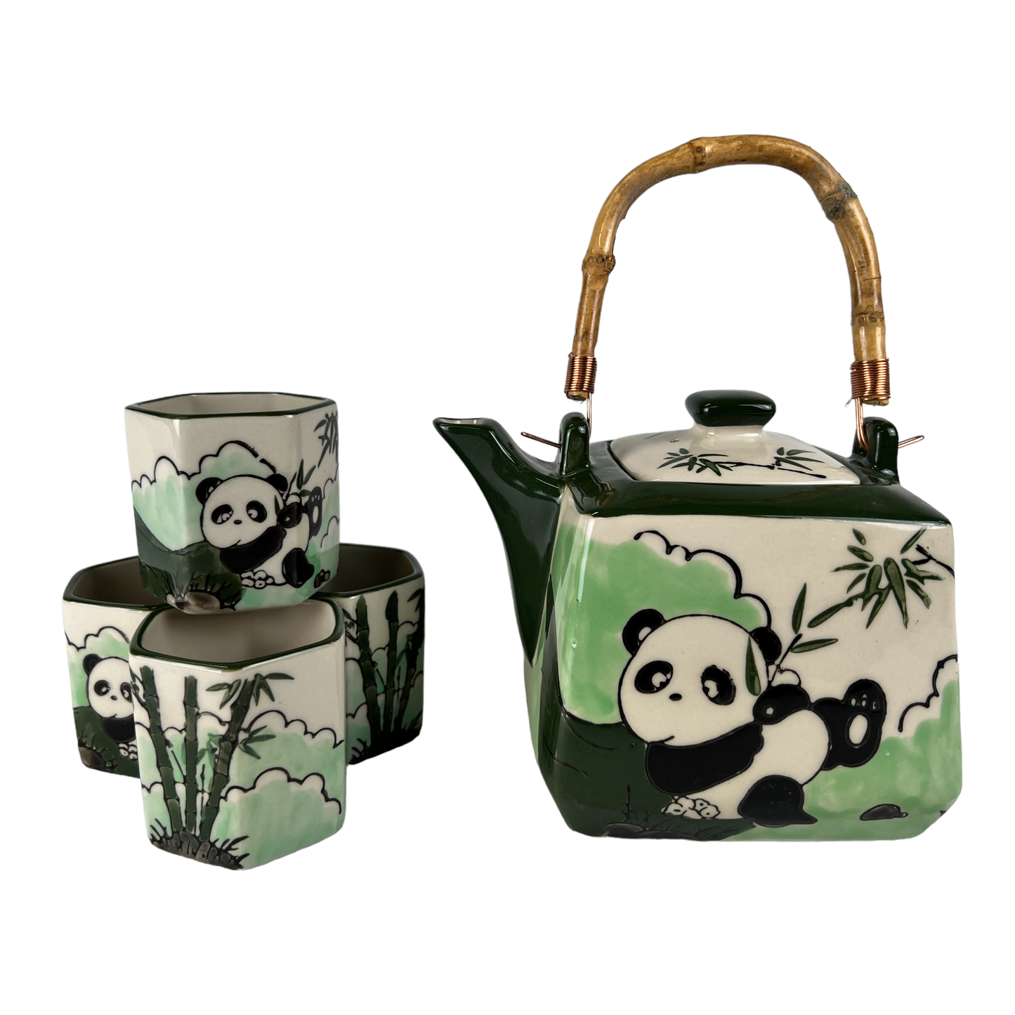 Playful Panda Tea Set | Porcelain Teapot with 4 Hexagon Cups & Stainless Steel Strainer | 20oz