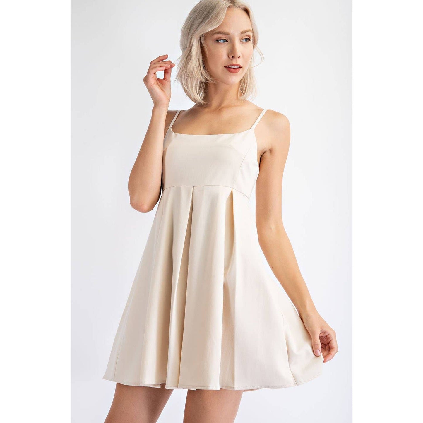 Pleated Cotton Twill Empire Waist Mini Dress in Cream | Babydoll Cocktail Dress [Sizes SM-L]