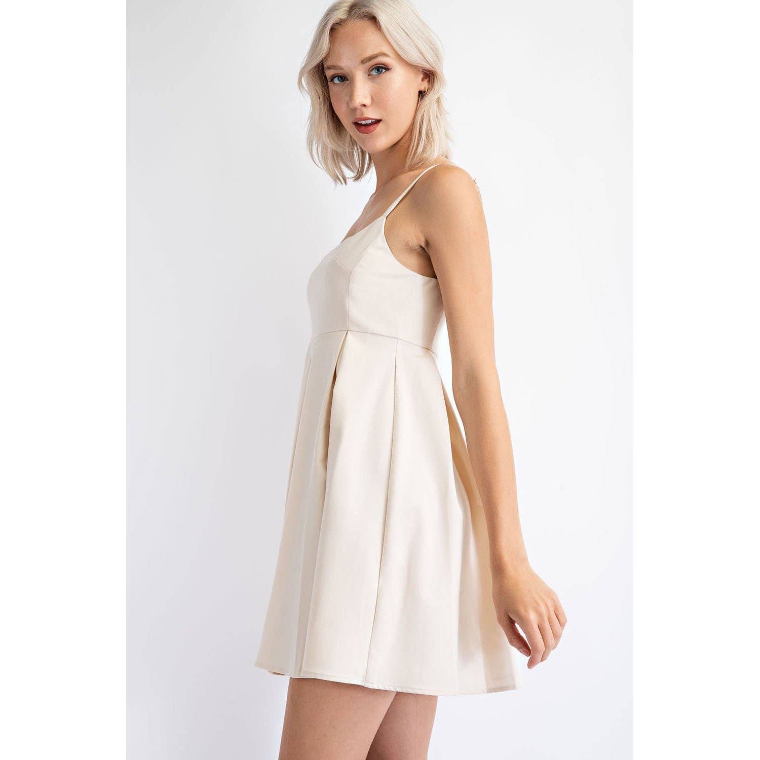 Pleated Cotton Twill Empire Waist Mini Dress in Cream | Babydoll Cocktail Dress [Sizes SM-L]