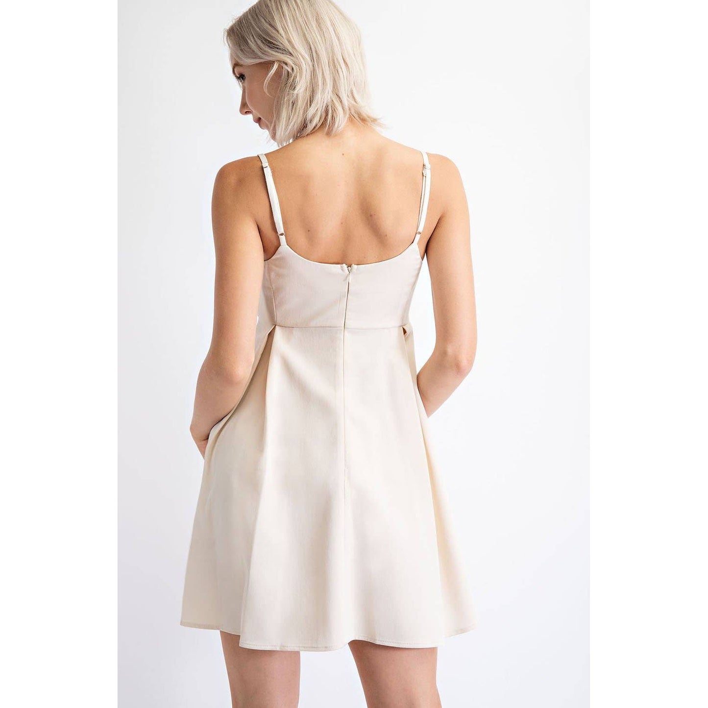 Pleated Cotton Twill Empire Waist Mini Dress in Cream | Babydoll Cocktail Dress [Sizes SM-L]