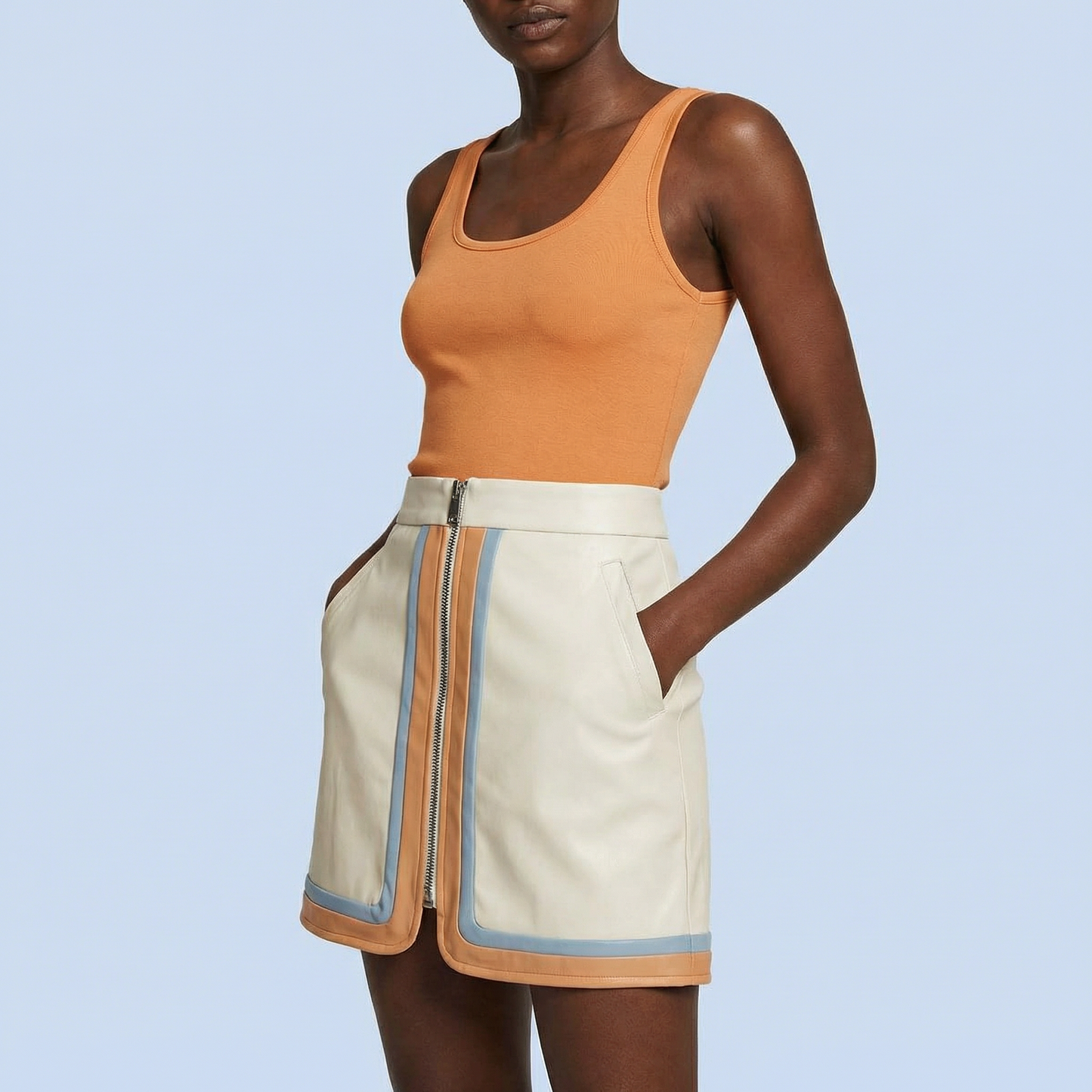 Pleather Retro Stripe Mini Skirt in Cream | Colorblock Zip Front Skirt with Pockets
