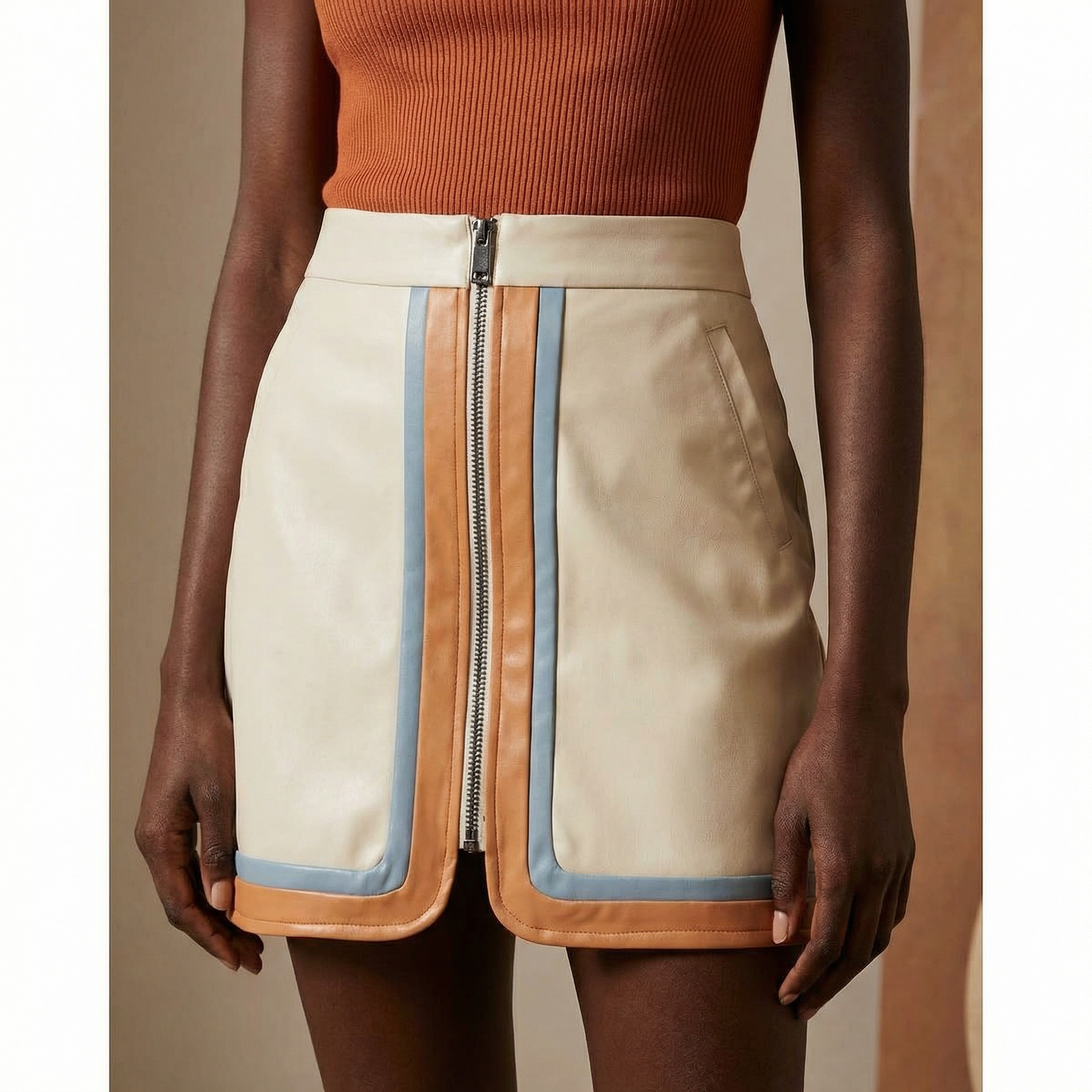 Pleather Retro Stripe Mini Skirt in Cream | Colorblock Zip Front Skirt with Pockets