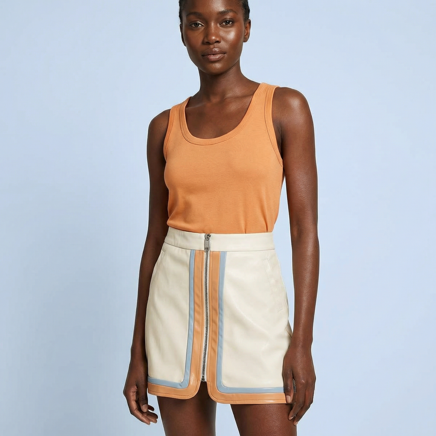 Pleather Retro Stripe Mini Skirt in Cream | Colorblock Zip Front Skirt with Pockets