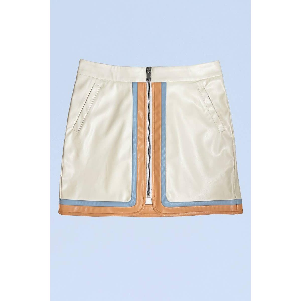 Pleather Retro Stripe Mini Skirt in Cream | Colorblock Zip Front Skirt with Pockets