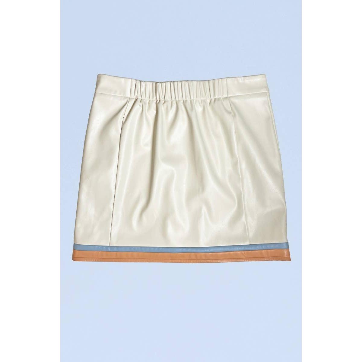 Pleather Retro Stripe Mini Skirt in Cream | Colorblock Zip Front Skirt with Pockets
