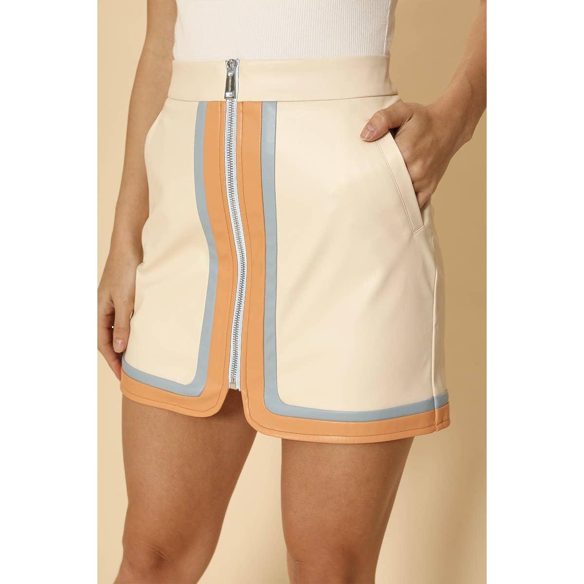 Pleather Retro Stripe Mini Skirt in Cream | Colorblock Zip Front Skirt with Pockets