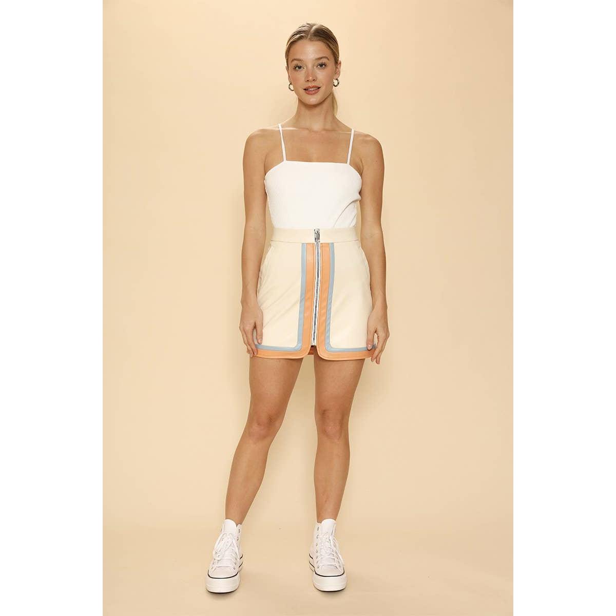 Pleather Retro Stripe Mini Skirt in Cream | Colorblock Zip Front Skirt with Pockets