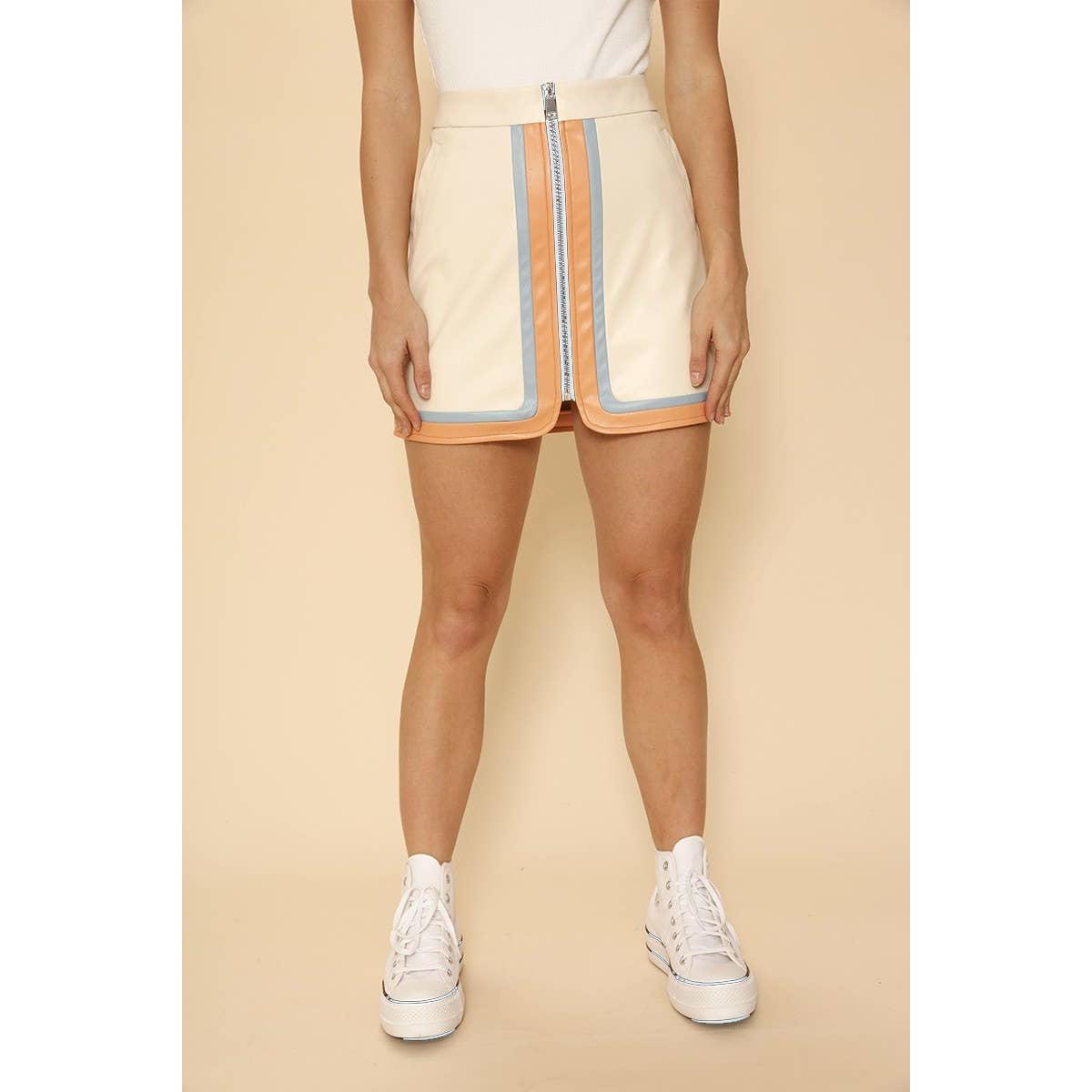 Pleather Retro Stripe Mini Skirt in Cream | Colorblock Zip Front Skirt with Pockets