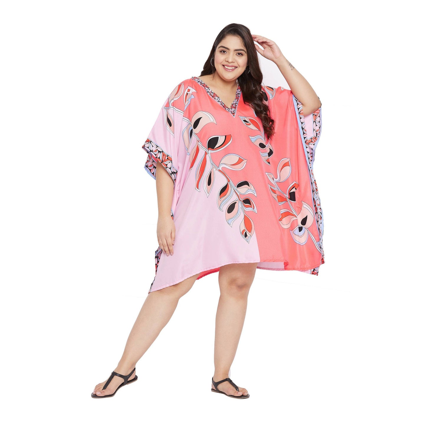 Plus Size 1X-3X Cute Leaf Printed Pink Lemonade Tunic Top Short Kaftan