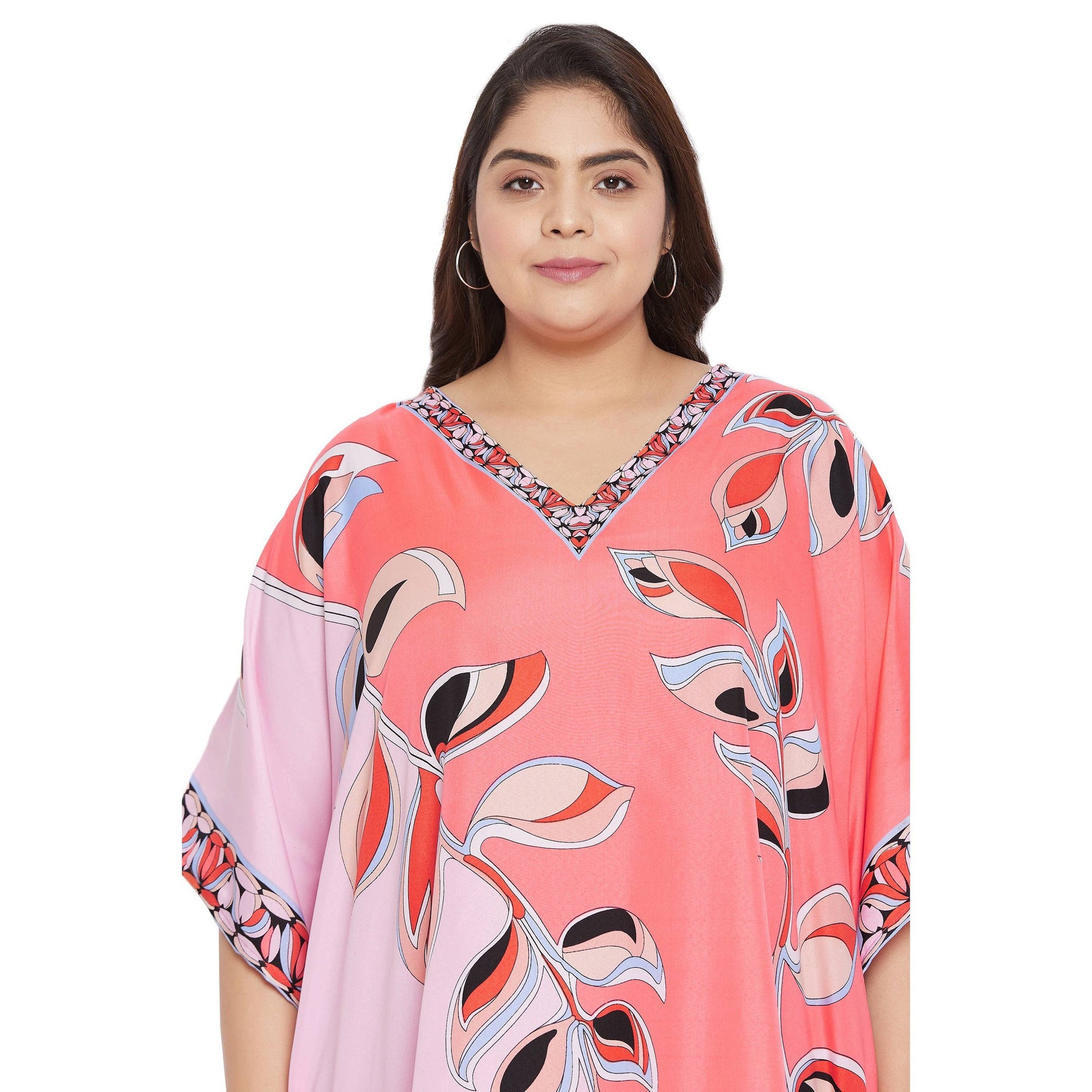 Plus Size 1X-3X Cute Leaf Printed Pink Lemonade Tunic Top Short Kaftan