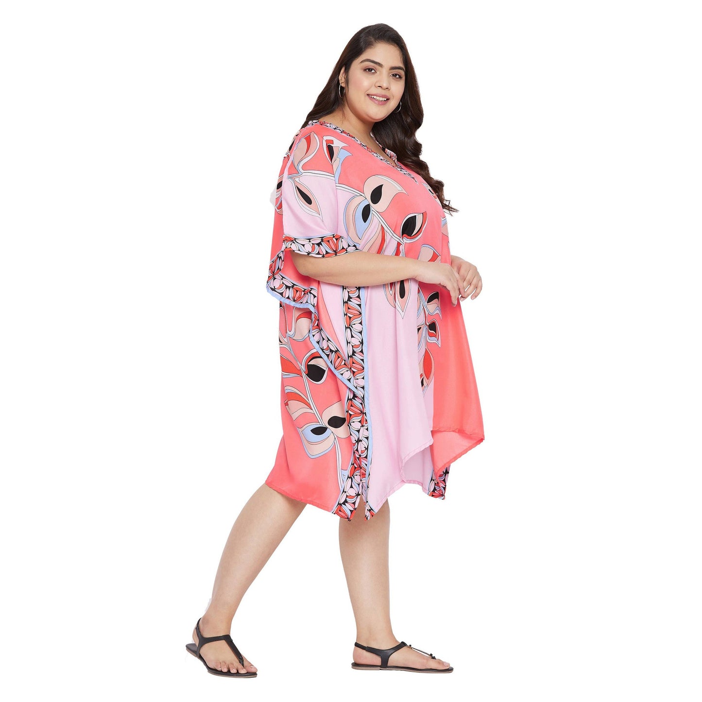 Plus Size 1X-3X Cute Leaf Printed Pink Lemonade Tunic Top Short Kaftan