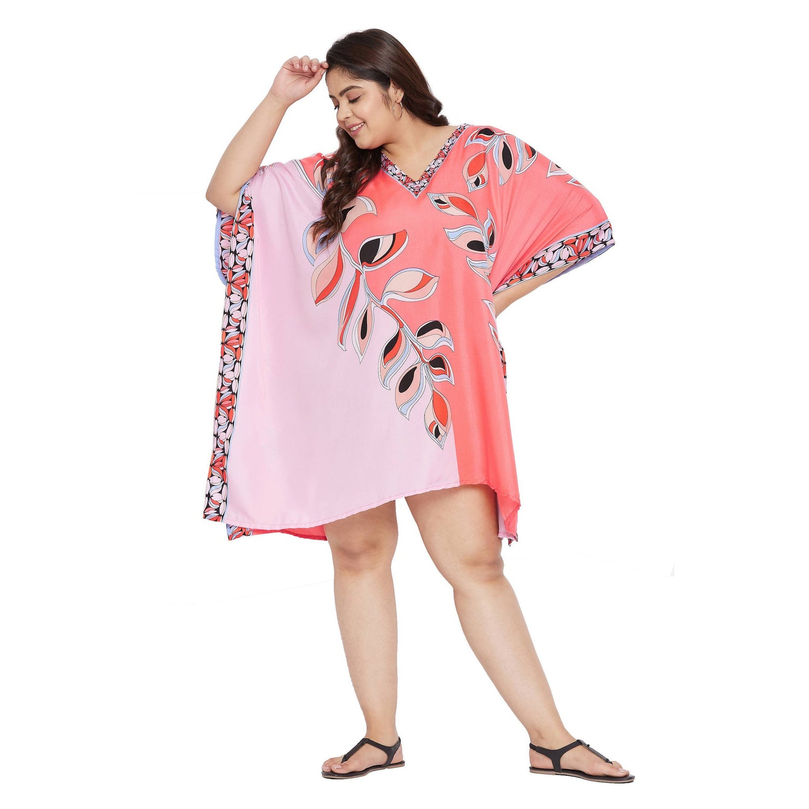 Plus Size 1X-3X Cute Leaf Printed Pink Lemonade Tunic Top Short Kaftan