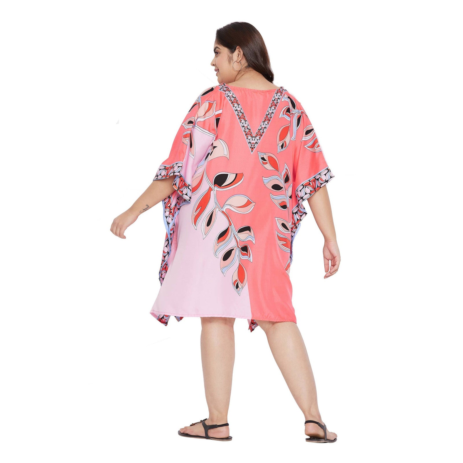 Plus Size 1X-3X Cute Leaf Printed Pink Lemonade Tunic Top Short Kaftan