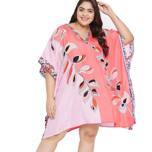 Plus Size 1X-3X Cute Leaf Printed Pink Lemonade Tunic Top Short Kaftan