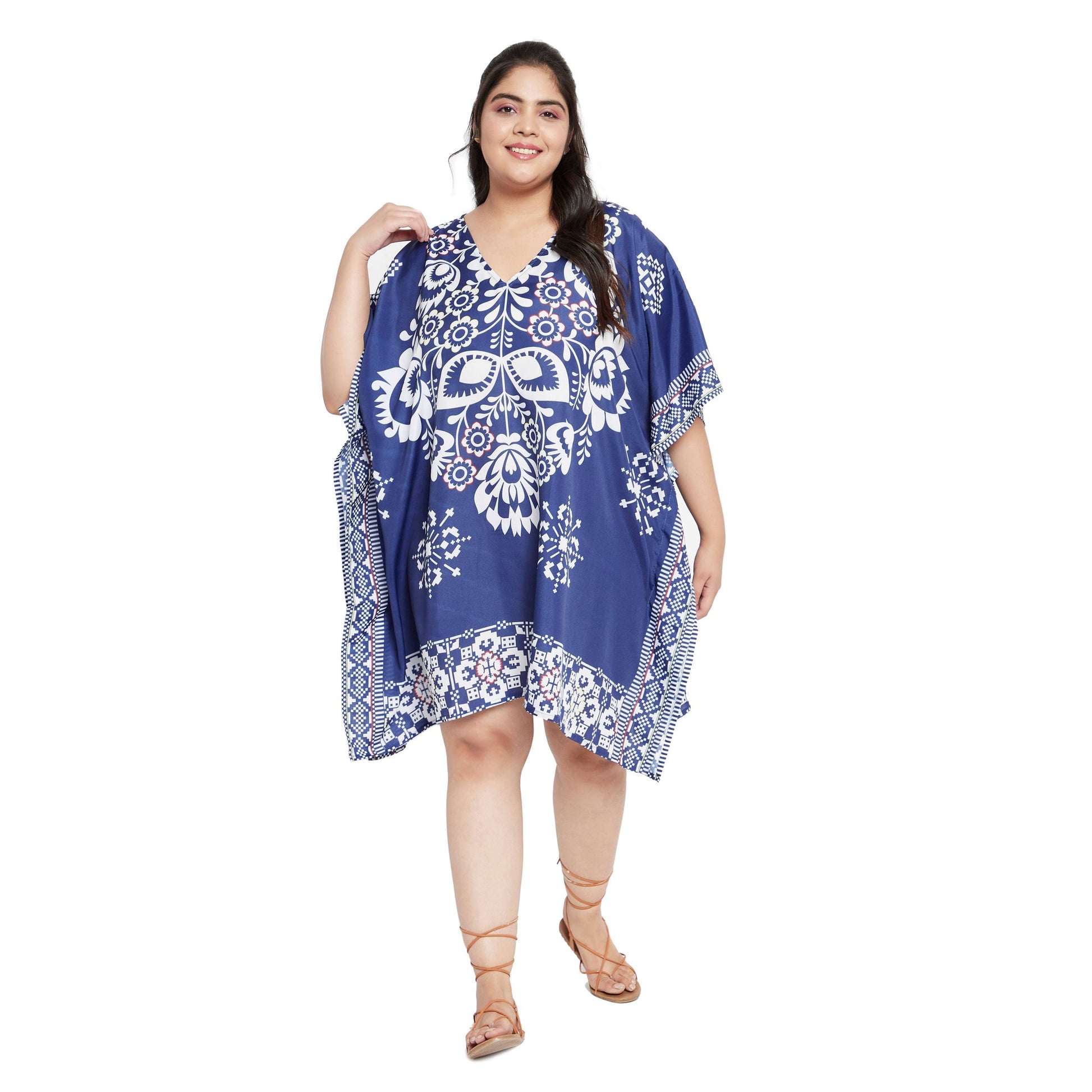 Plus Size 1X-3X Floral and Leaf Printed Tunic Short Kaftan in Blue