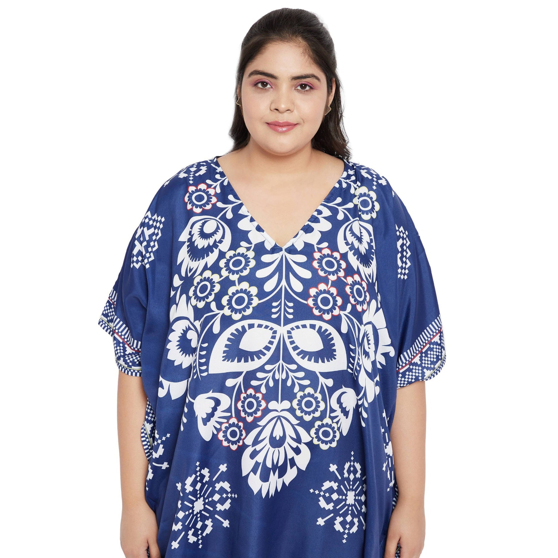 Plus Size 1X-3X Floral and Leaf Printed Tunic Short Kaftan in Blue