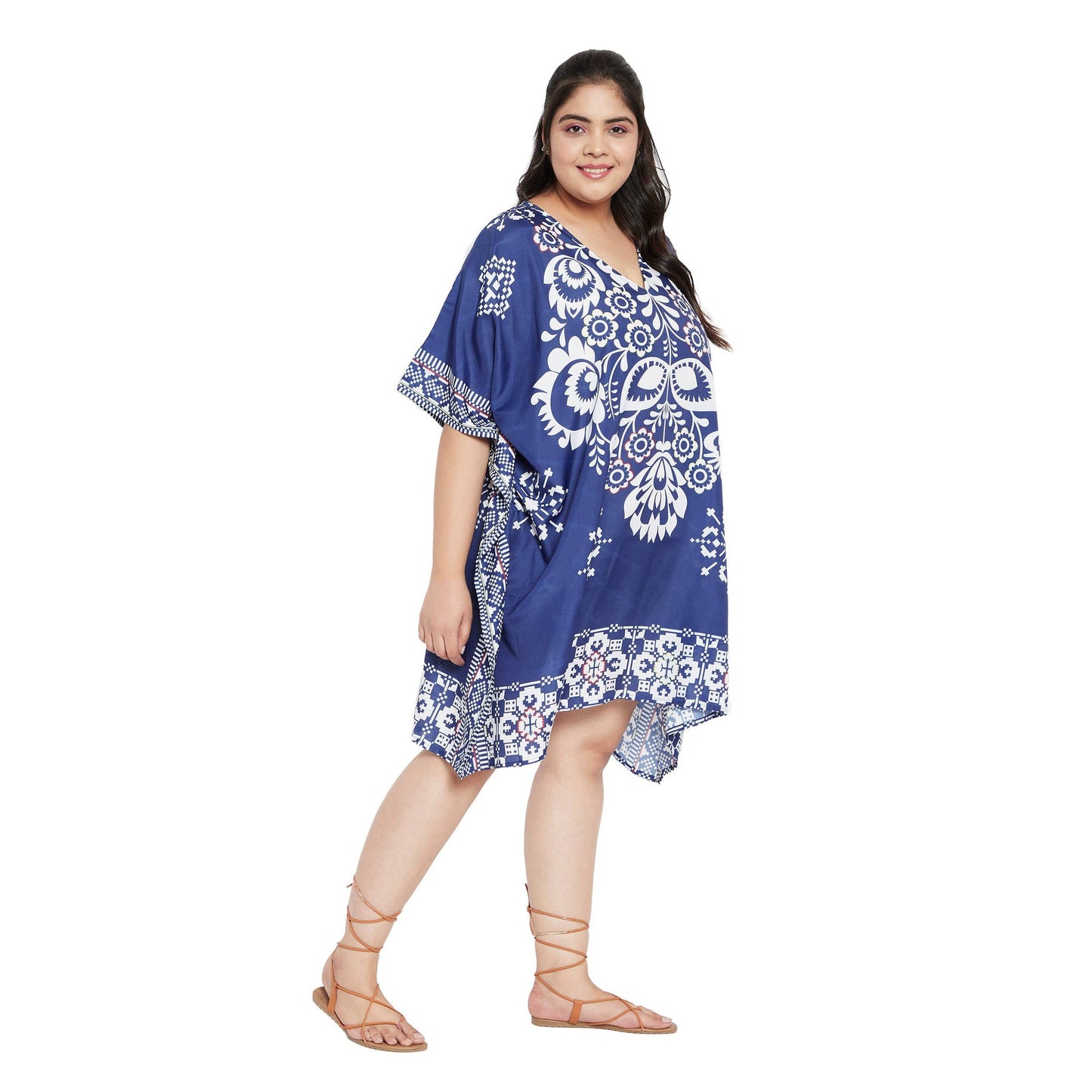 Plus Size 1X-3X Floral and Leaf Printed Tunic Short Kaftan in Blue