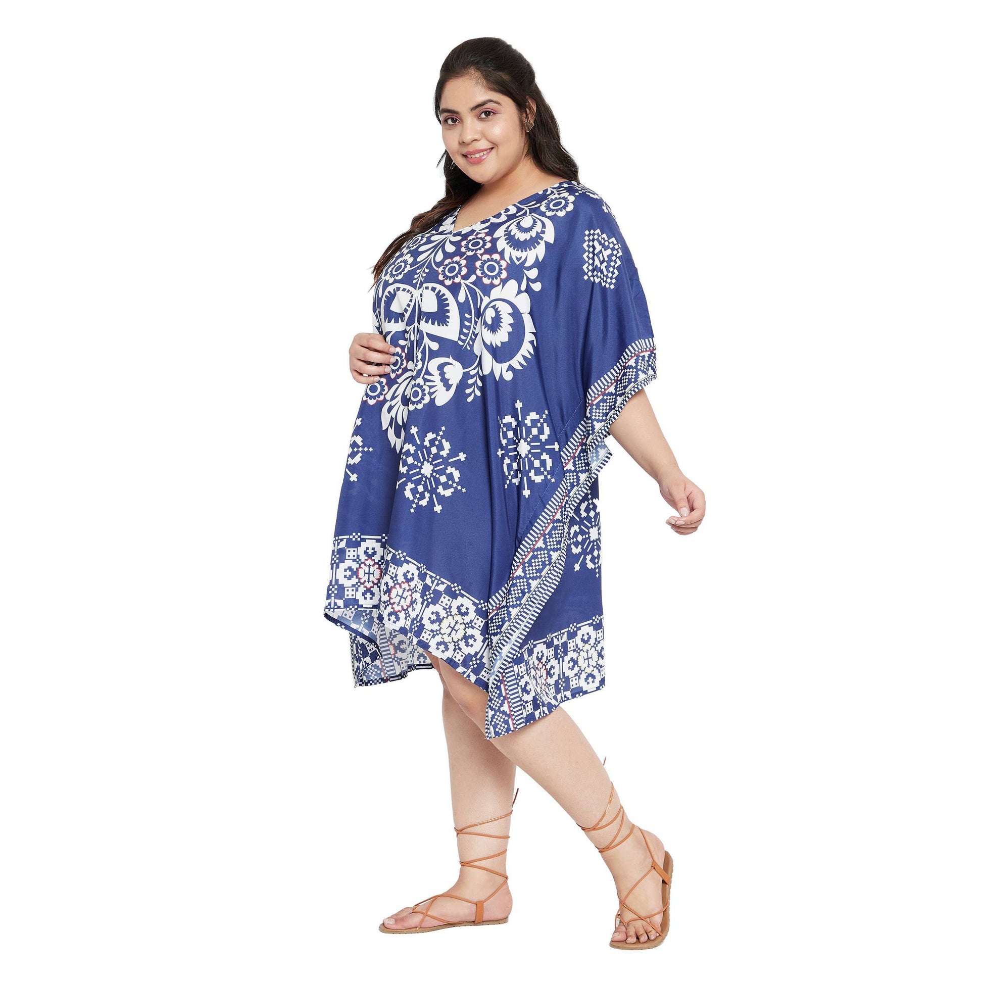 Plus Size 1X-3X Floral and Leaf Printed Tunic Short Kaftan in Blue