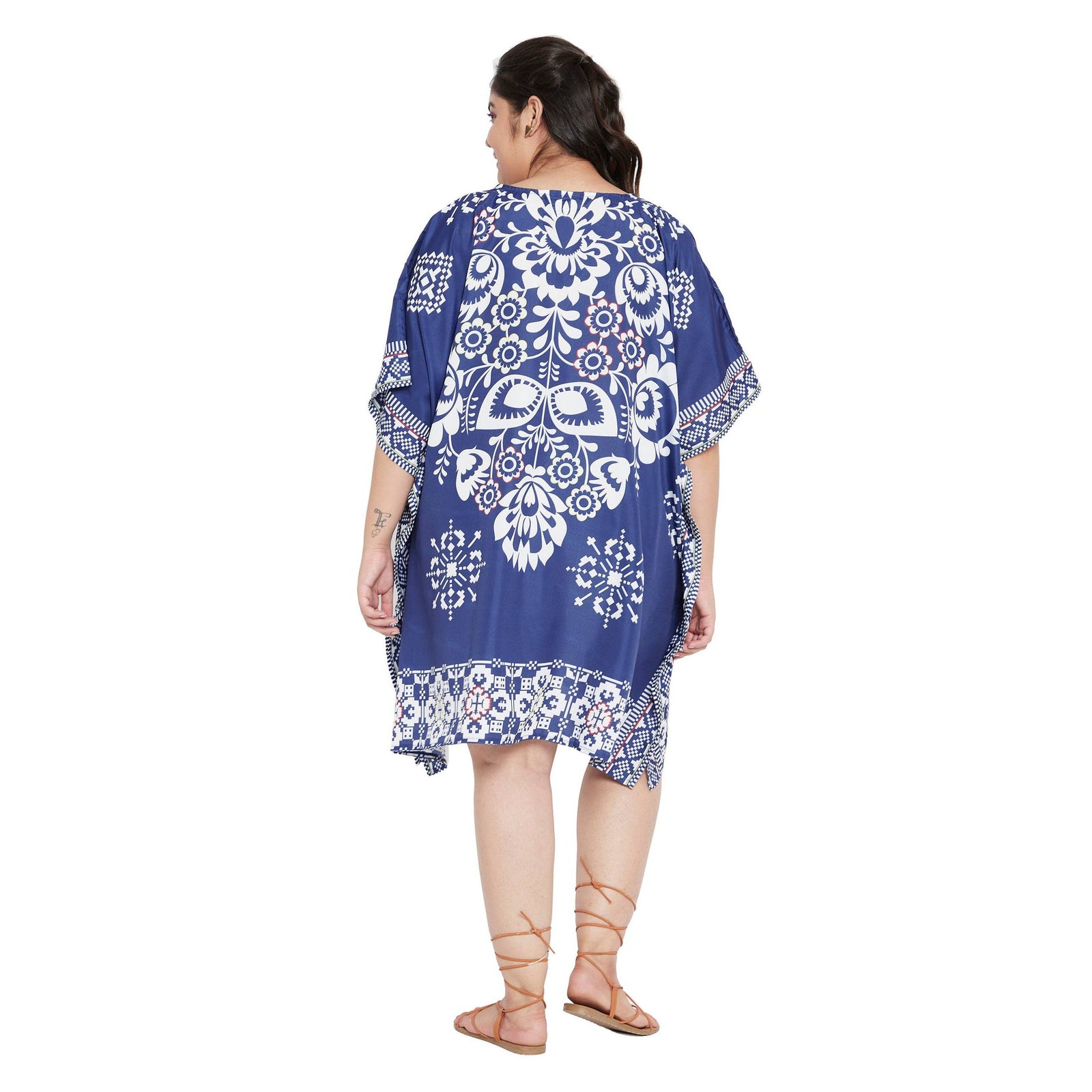 Plus Size 1X-3X Floral and Leaf Printed Tunic Short Kaftan in Blue