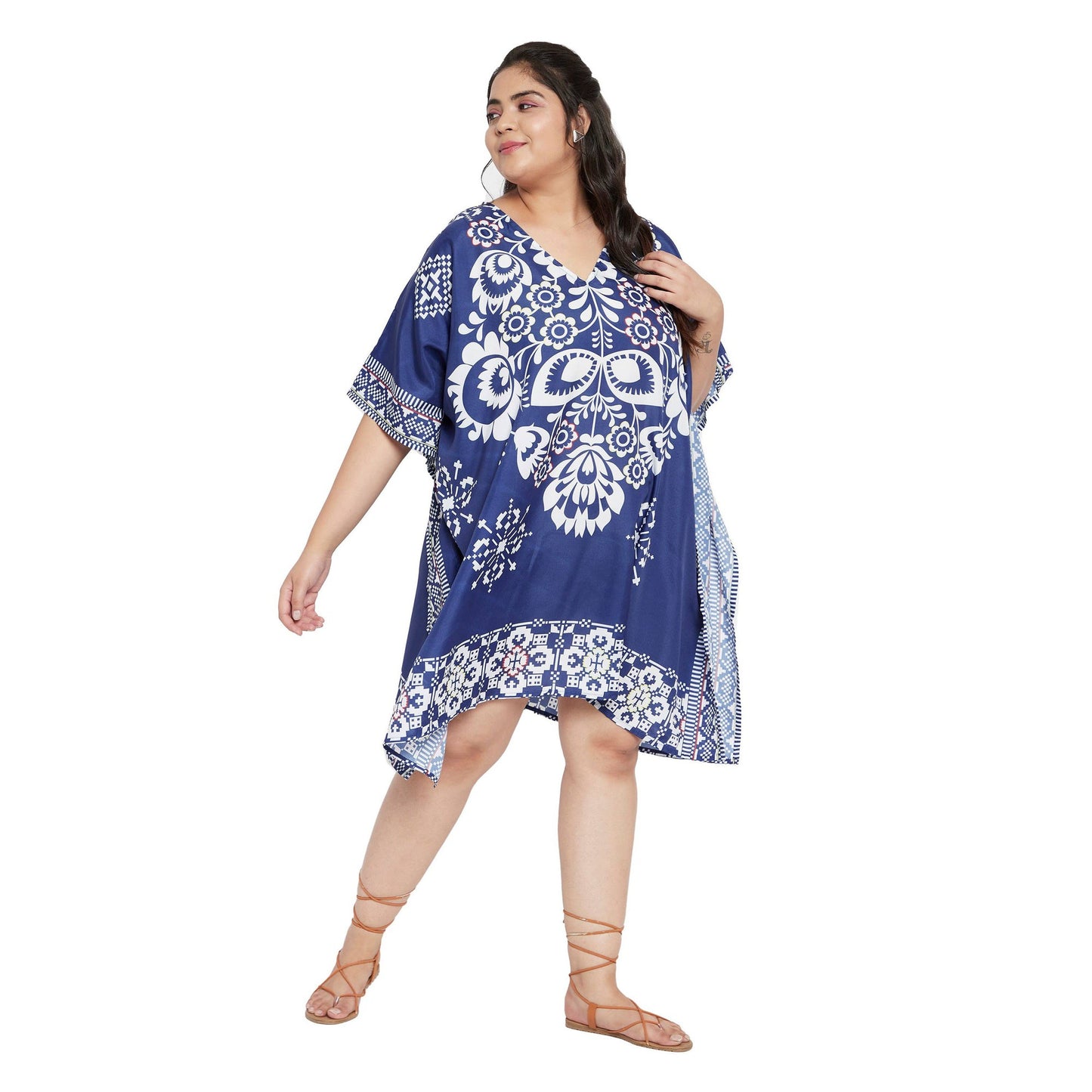 Plus Size 1X-3X Floral and Leaf Printed Tunic Short Kaftan in Blue