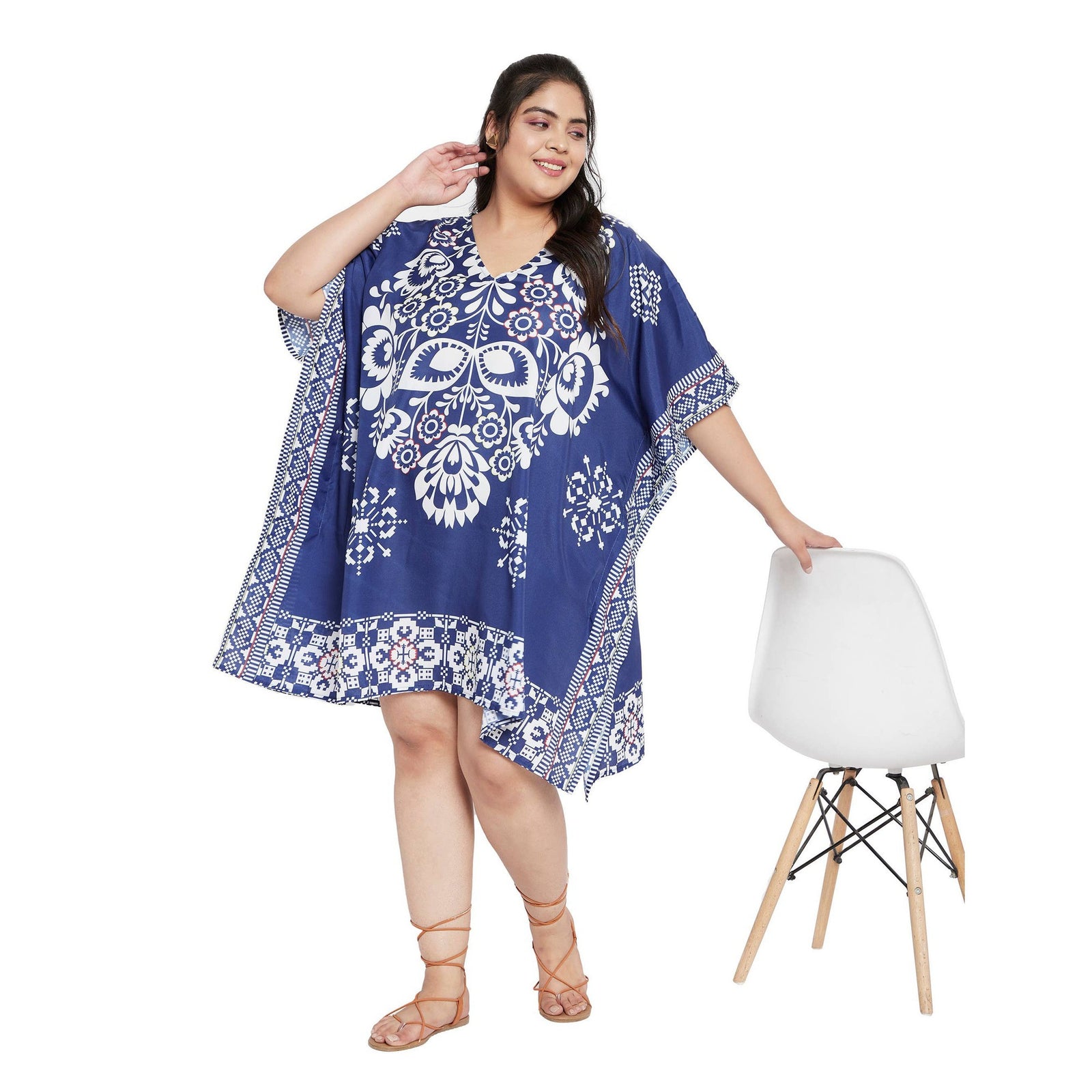 Plus Size 1X-3X Floral and Leaf Printed Tunic Short Kaftan in Blue