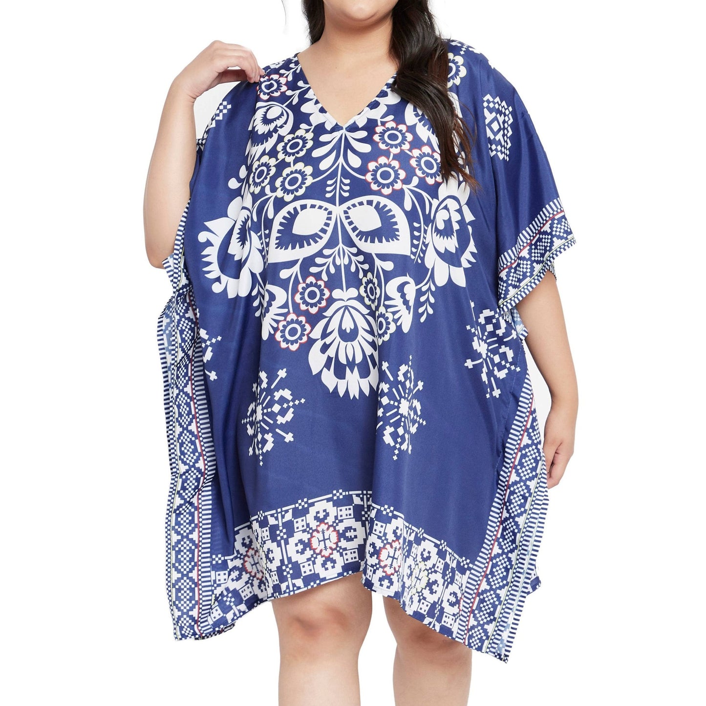 Plus Size 1X-3X Floral and Leaf Printed Tunic Short Kaftan in Blue