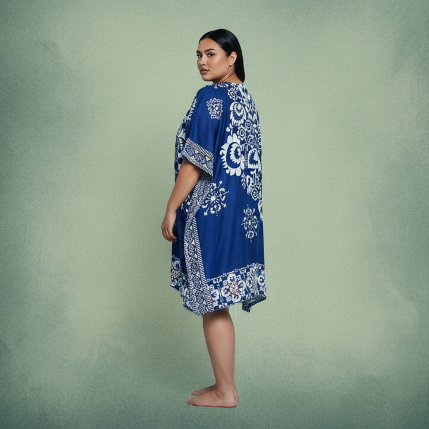Plus Size 1X-3X Floral and Leaf Printed Tunic Short Kaftan in Blue