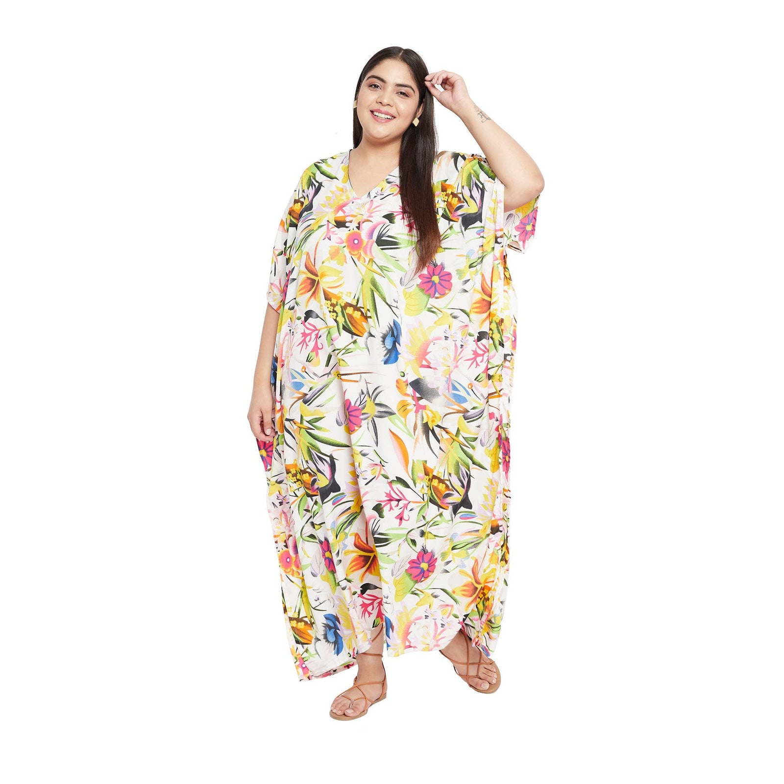 Plus Size 1X-3X Vacation Floral Kaftan Dress in White