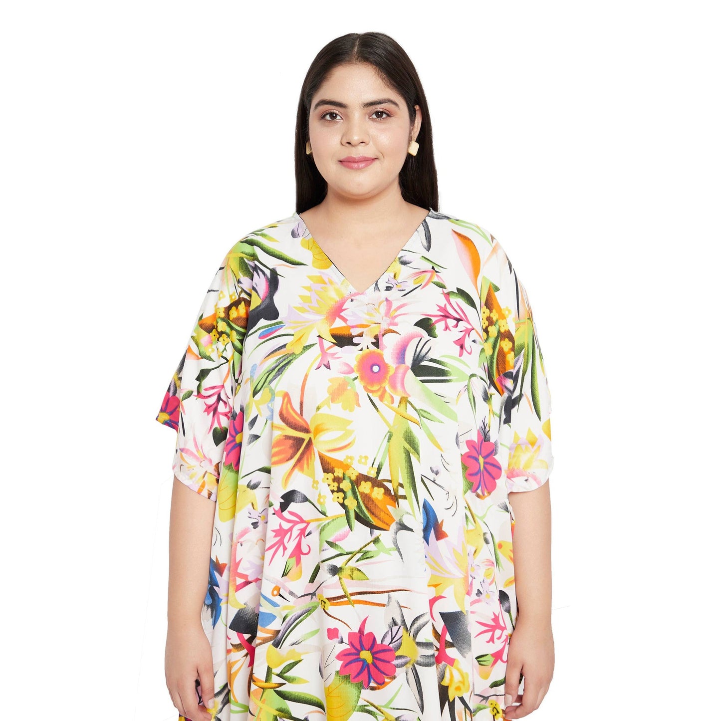 Plus Size 1X-3X Vacation Floral Kaftan Dress in White