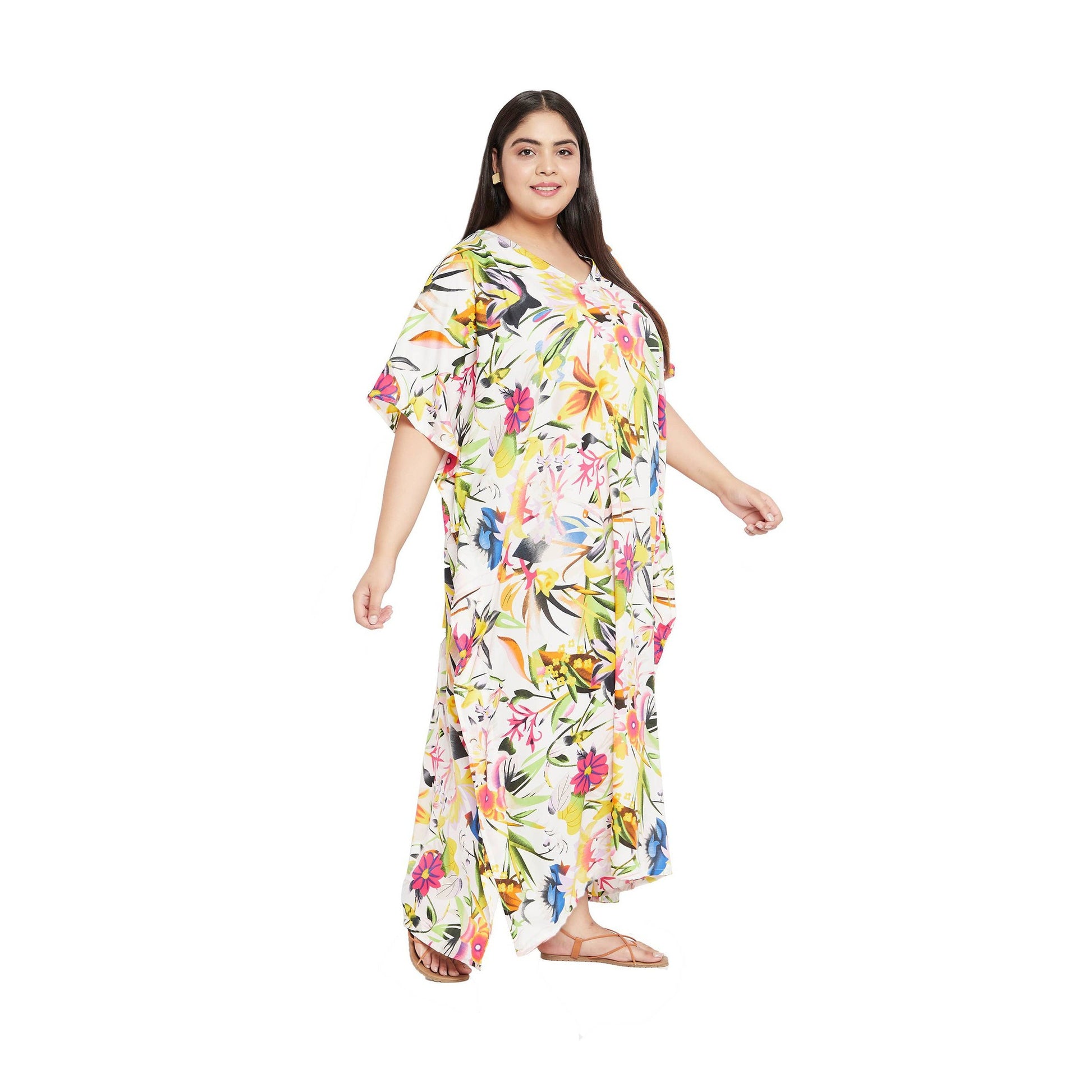 Plus Size 1X-3X Vacation Floral Kaftan Dress in White