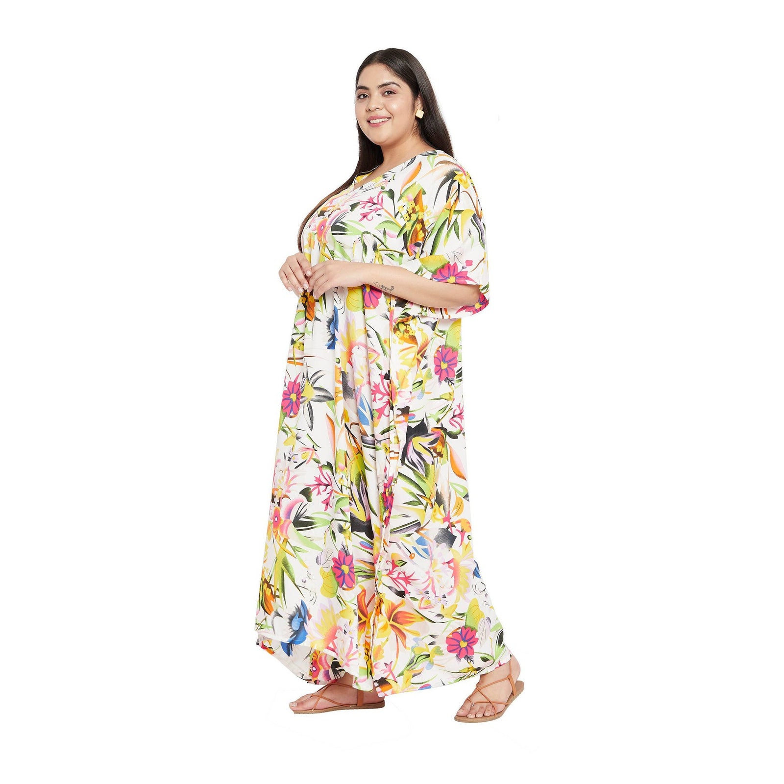 Plus Size 1X-3X Vacation Floral Kaftan Dress in White