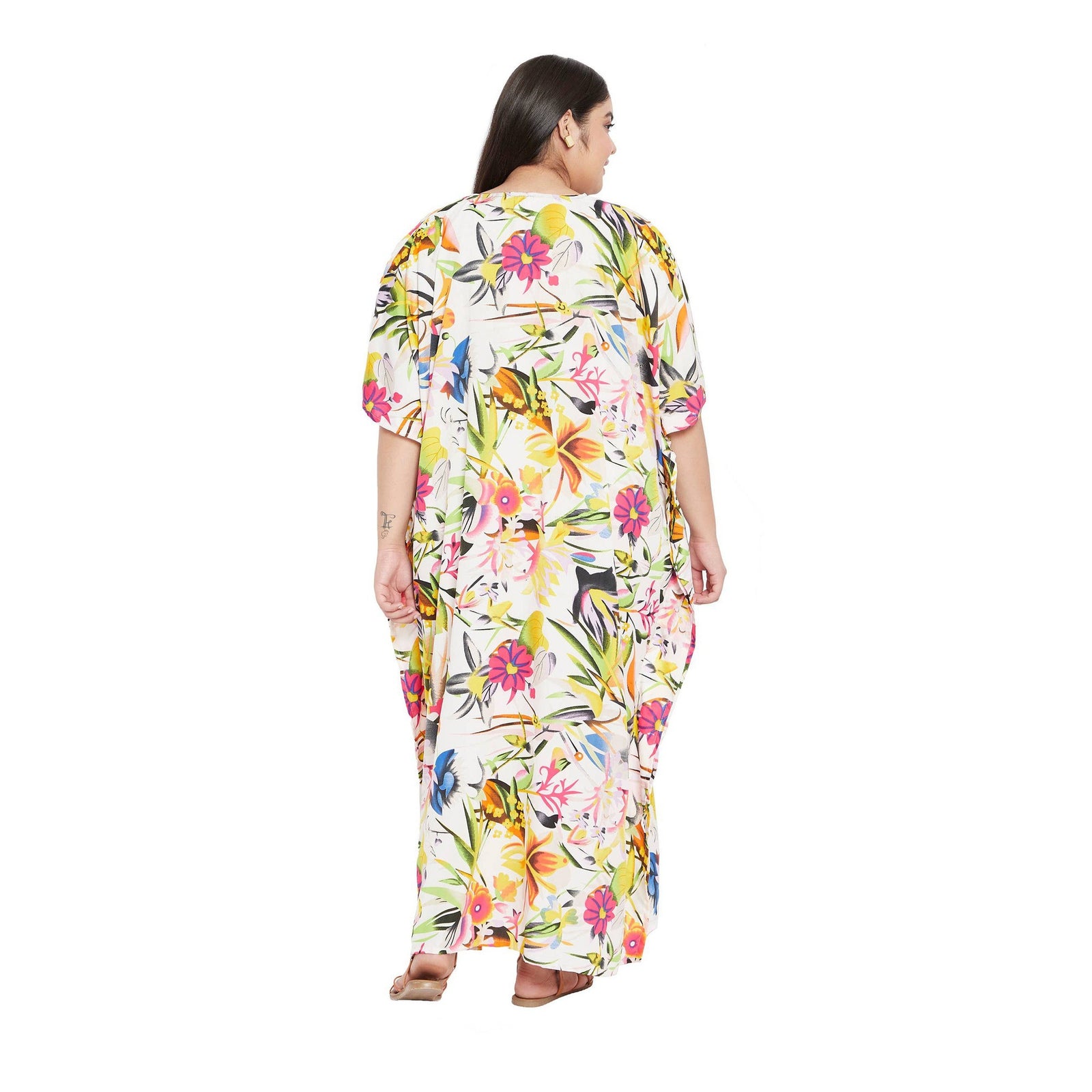 Plus Size 1X-3X Vacation Floral Kaftan Dress in White