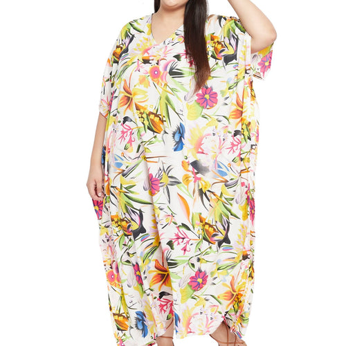 Plus Size 1X-3X Vacation Floral Kaftan Dress in White