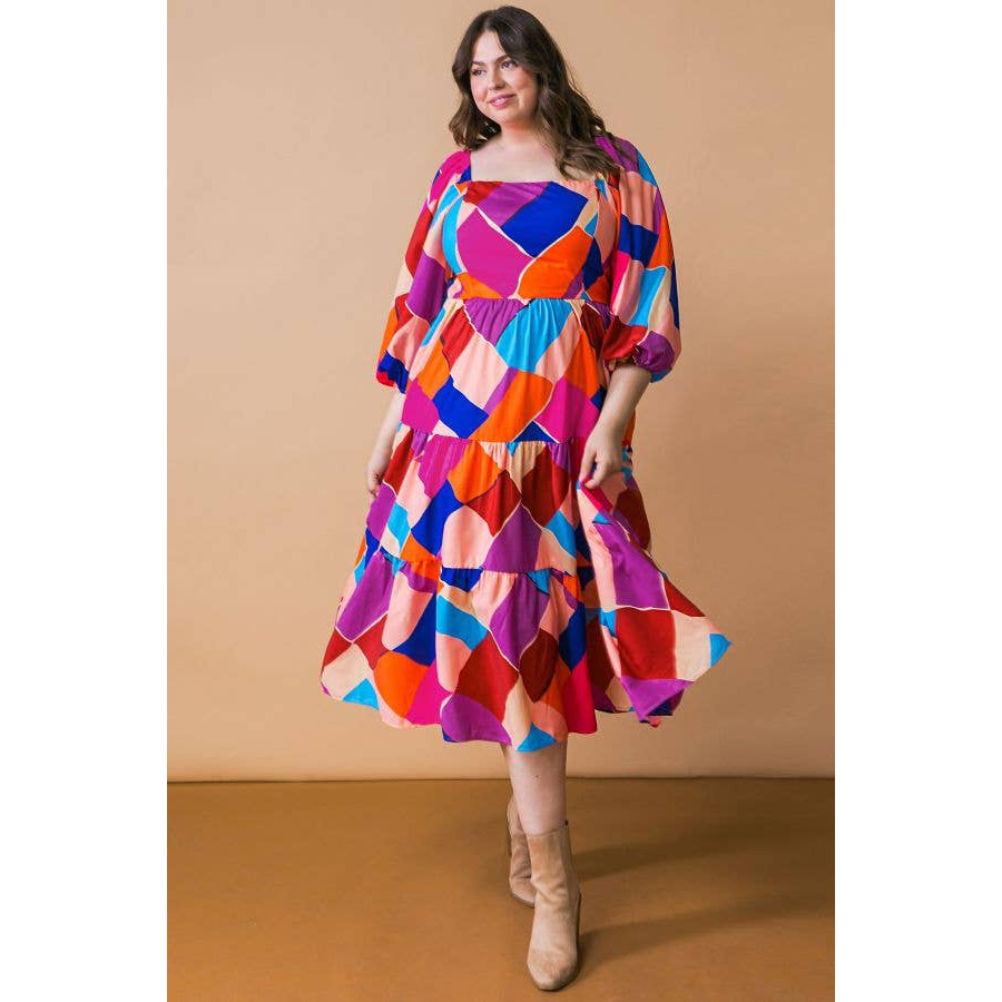 Plus Size Magenta Blue Printed Woven Midi Dress [Size Options 1X-3X]