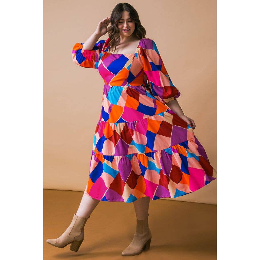 Plus Size Magenta Blue Printed Woven Midi Dress [Size Options 1X-3X]