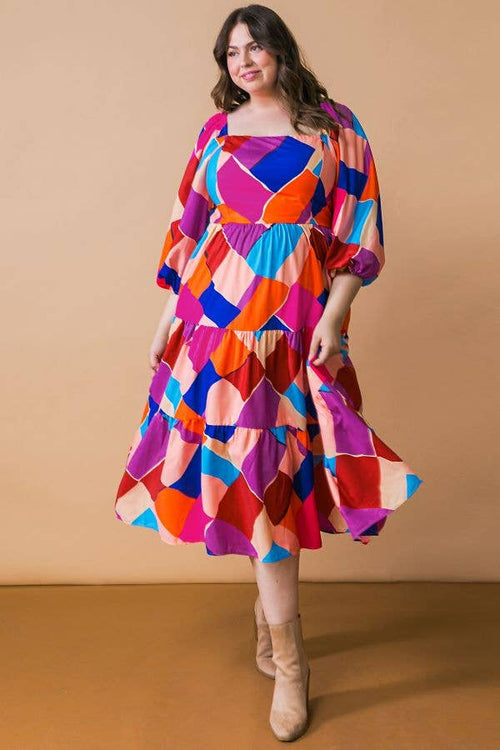 Plus Size Magenta Blue Printed Woven Midi Dress [Size Options 1X-3X]