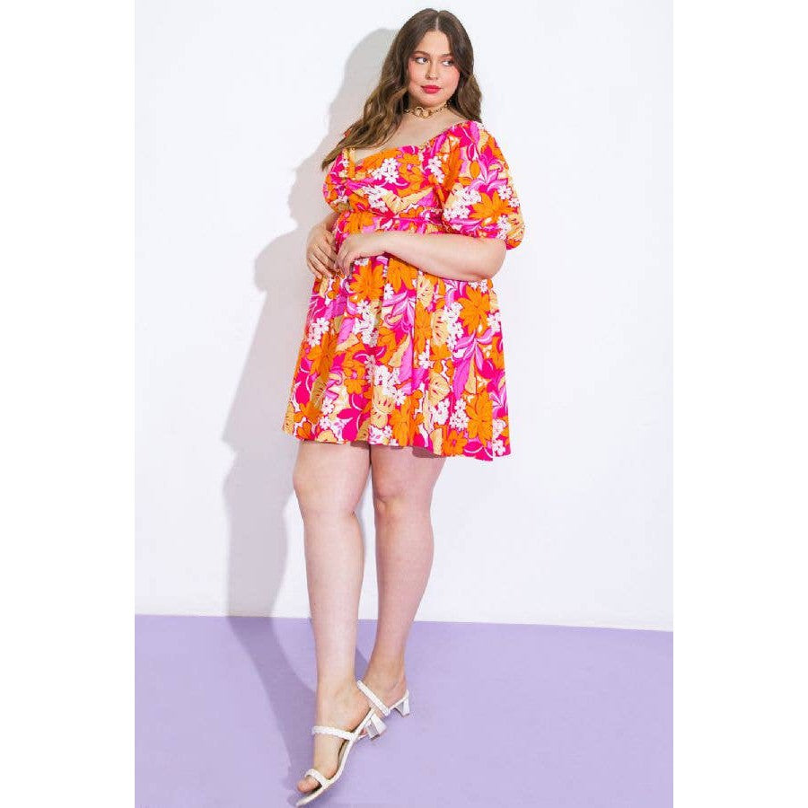 Plus Size Orange and Pink Floral Printed Woven Mini Dress [Size Options 2X-3X]