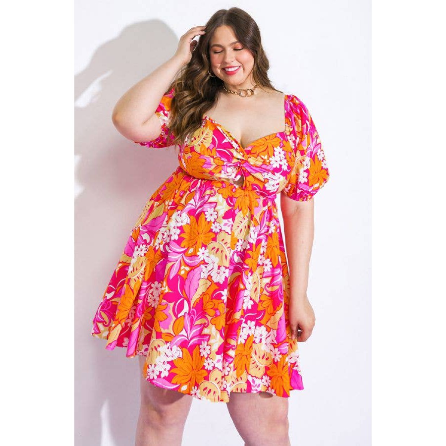 Plus Size Orange and Pink Floral Printed Woven Mini Dress [Size Options 2X-3X]