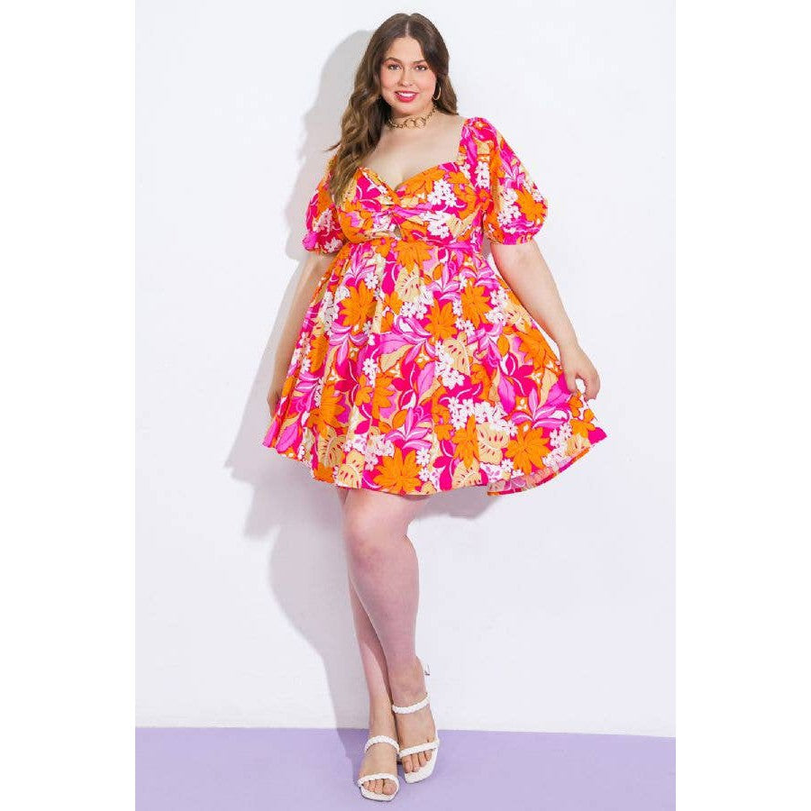 Plus Size Orange and Pink Floral Printed Woven Mini Dress [Size Options 2X-3X]