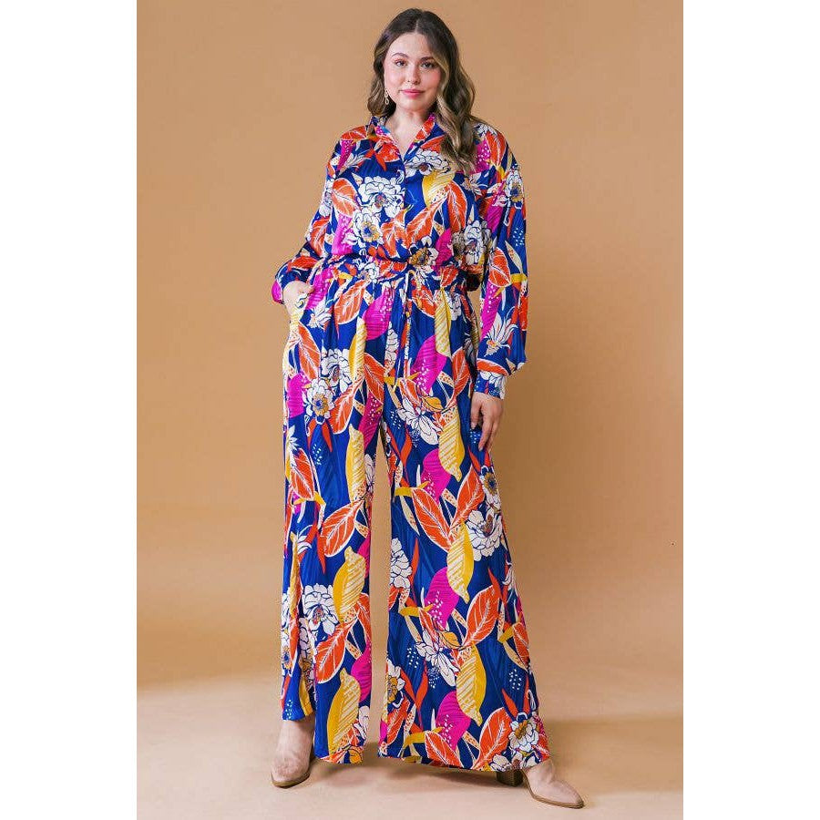 Plus Size Printed Woven Jumpsuit in Blue with Flowers And Leaf Designs | Long Sleeve Romper [Sizes 1X-3X]