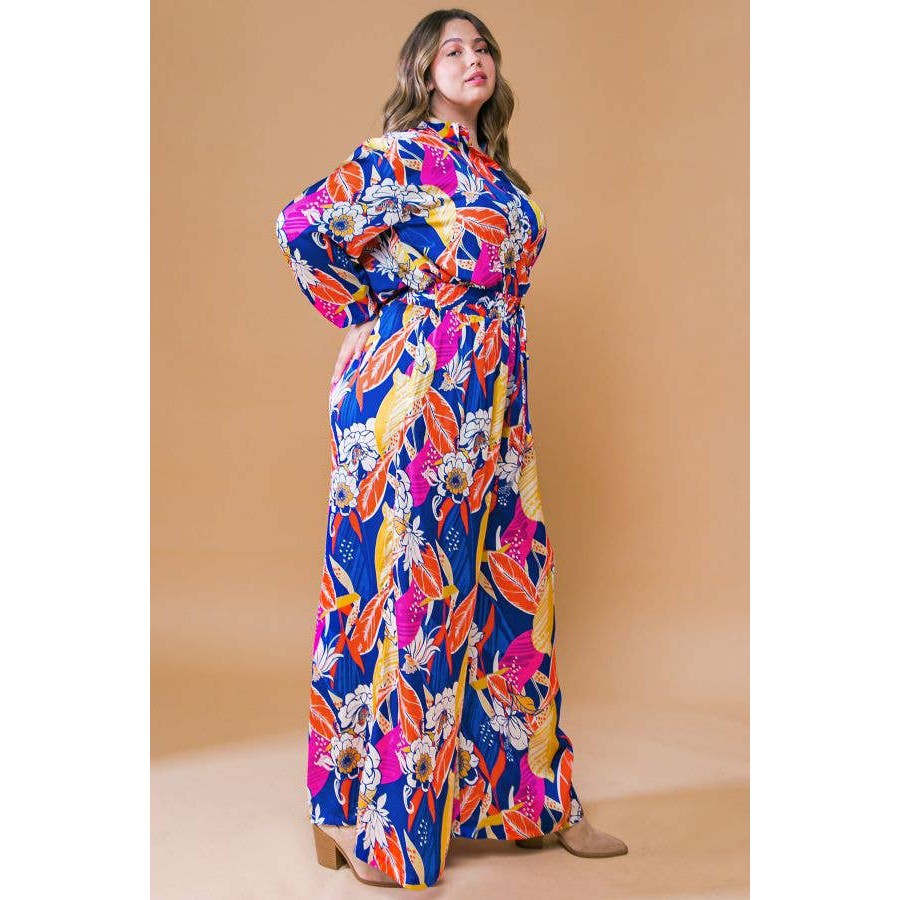 Plus Size Printed Woven Jumpsuit in Blue with Flowers And Leaf Designs | Long Sleeve Romper [Sizes 1X-3X]