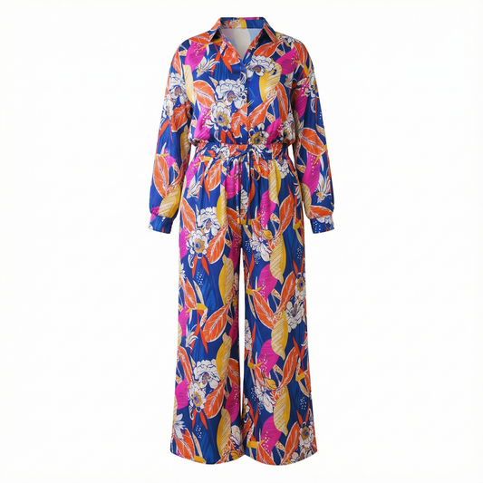 Plus Size Printed Woven Jumpsuit in Blue with Flowers And Leaf Designs | Long Sleeve Romper [Sizes 1X-3X]