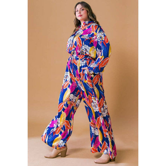 Plus Size Printed Woven Jumpsuit in Blue with Flowers And Leaf Designs | Long Sleeve Romper [Sizes 1X-3X]