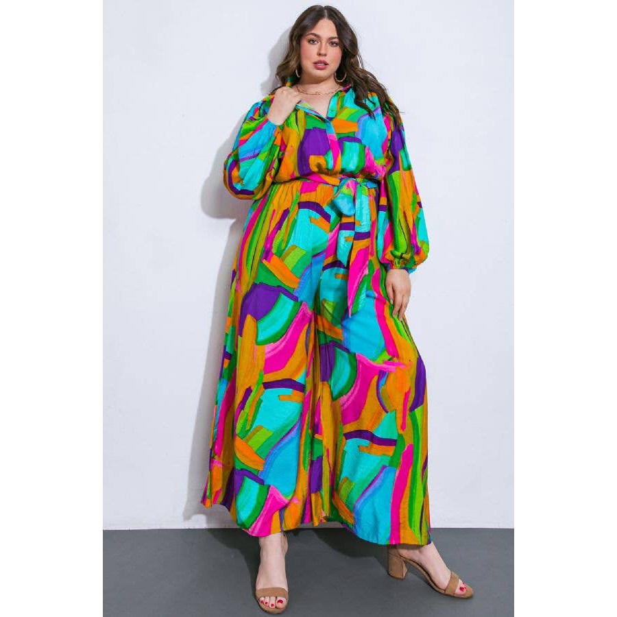 Plus Size Watercolor Printed Woven Jumpsuit | Green Pink Long Sleeve Overall Romper [Sizes 1X-3X]