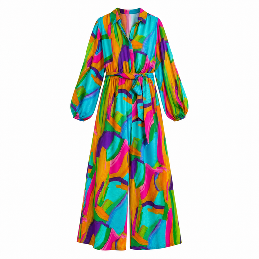 Plus Size Watercolor Printed Woven Jumpsuit | Green Pink Long Sleeve Overall Romper [Sizes 1X-3X]