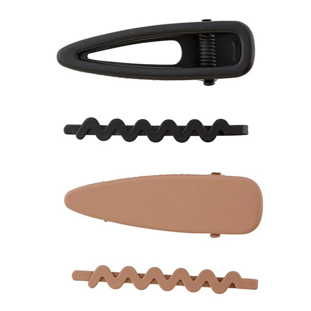 Set of black and brown hair clips on a white background